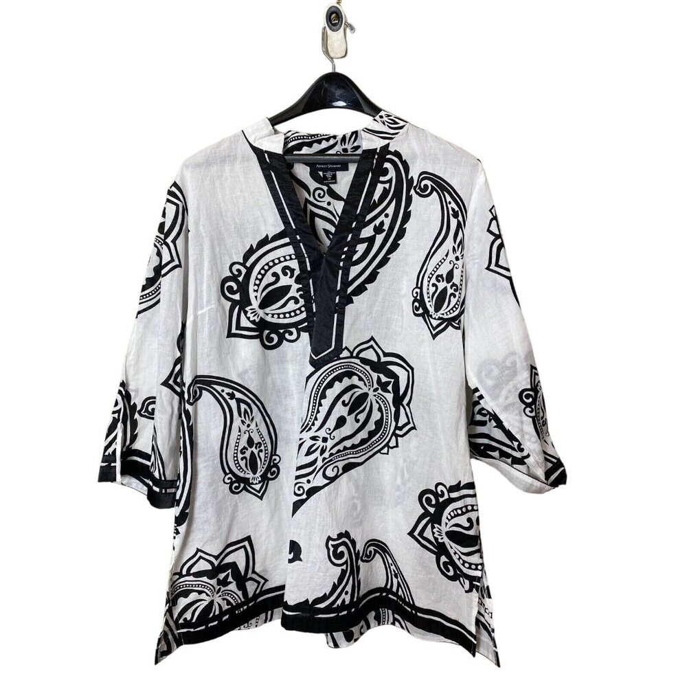 Ashley Stewart 2XL Black And White Paisley Cotton Polyester Satin Trimmed Tunic